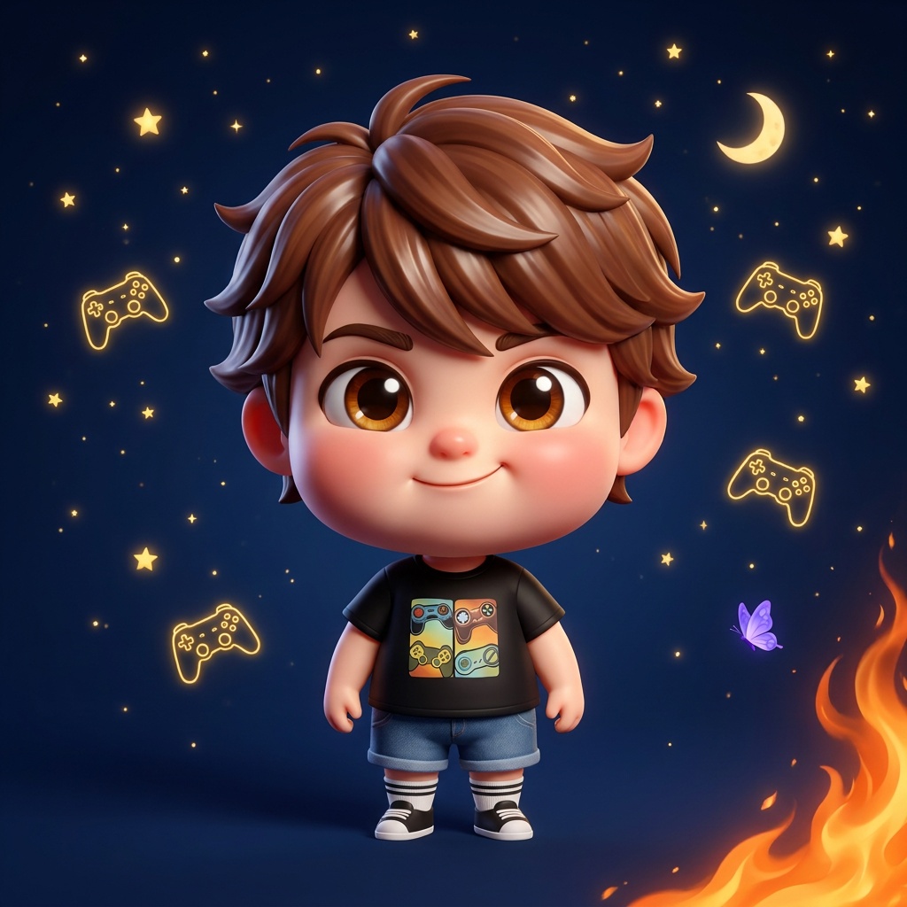 Portrait chibi de numero 2, ambiance gaming douce, manettes néon flottantes.