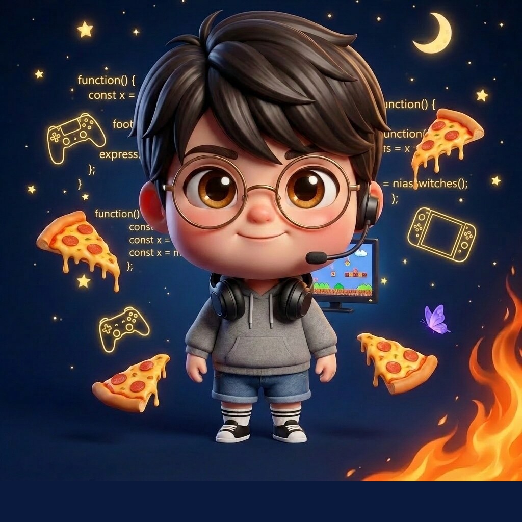 Portrait chibi de numero 1, ambiance gaming, lunettes rondes, entouré de manettes, pizzas et lignes de code.