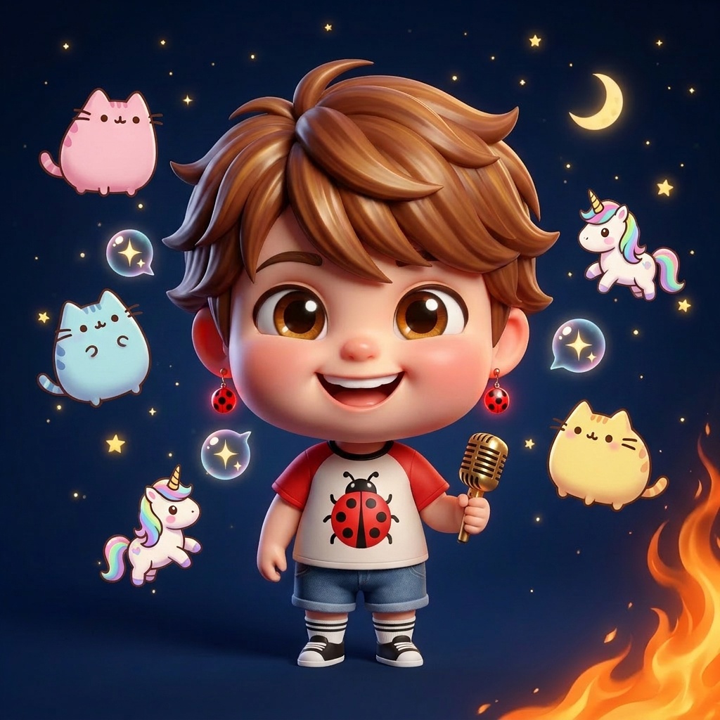 Portrait chibi de numero 3, micro à la main, t-shirt Ladybug, entouré de chats Pusheen et licornes pastel.