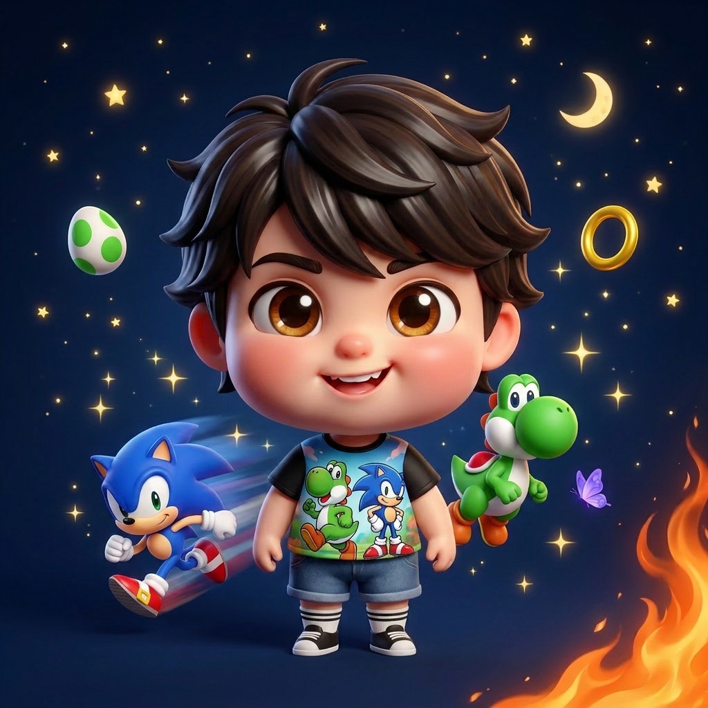 Portrait chibi de numero 4, t-shirt Yoshi-Sonic, Yoshi vert flottant et Sonic en motion blur.