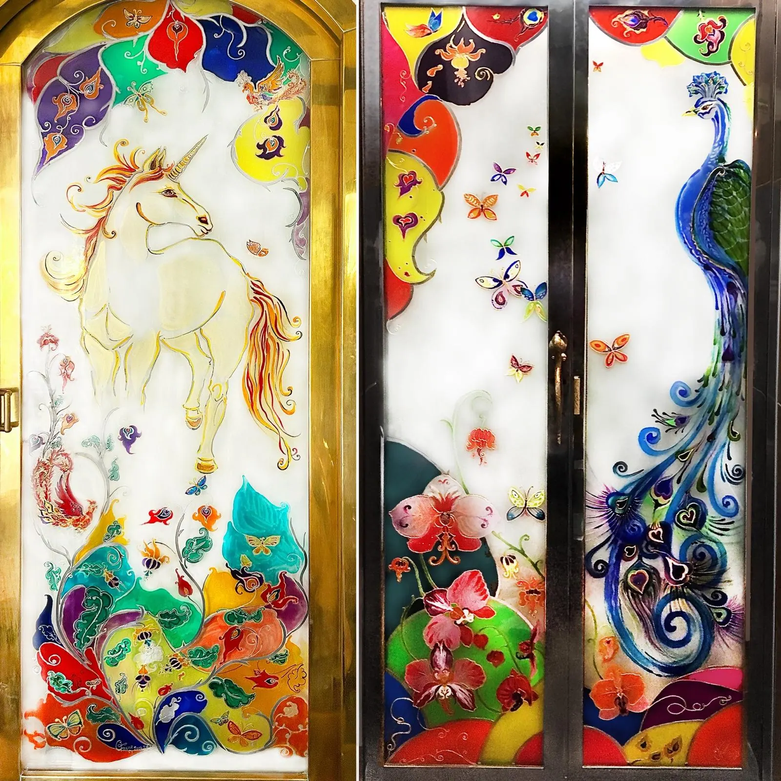 Portes en verre peintes par Fanny Chabrier : une licorne entourée de fleurs et de papillons multicolores, et un paon aux plumes flamboyantes.